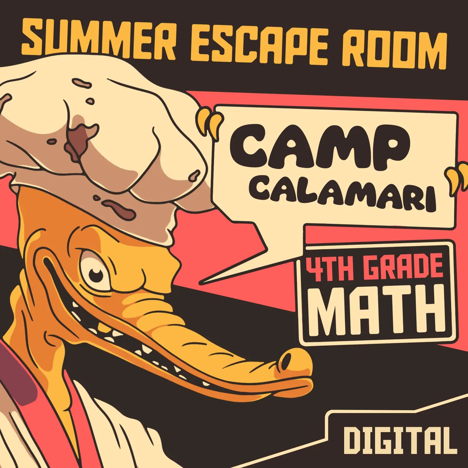 4th grade summer escape room for math test prep, called "Dingo Punks: Camp Calamari."