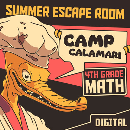4th grade summer escape room for math test prep, called "Dingo Punks: Camp Calamari."
