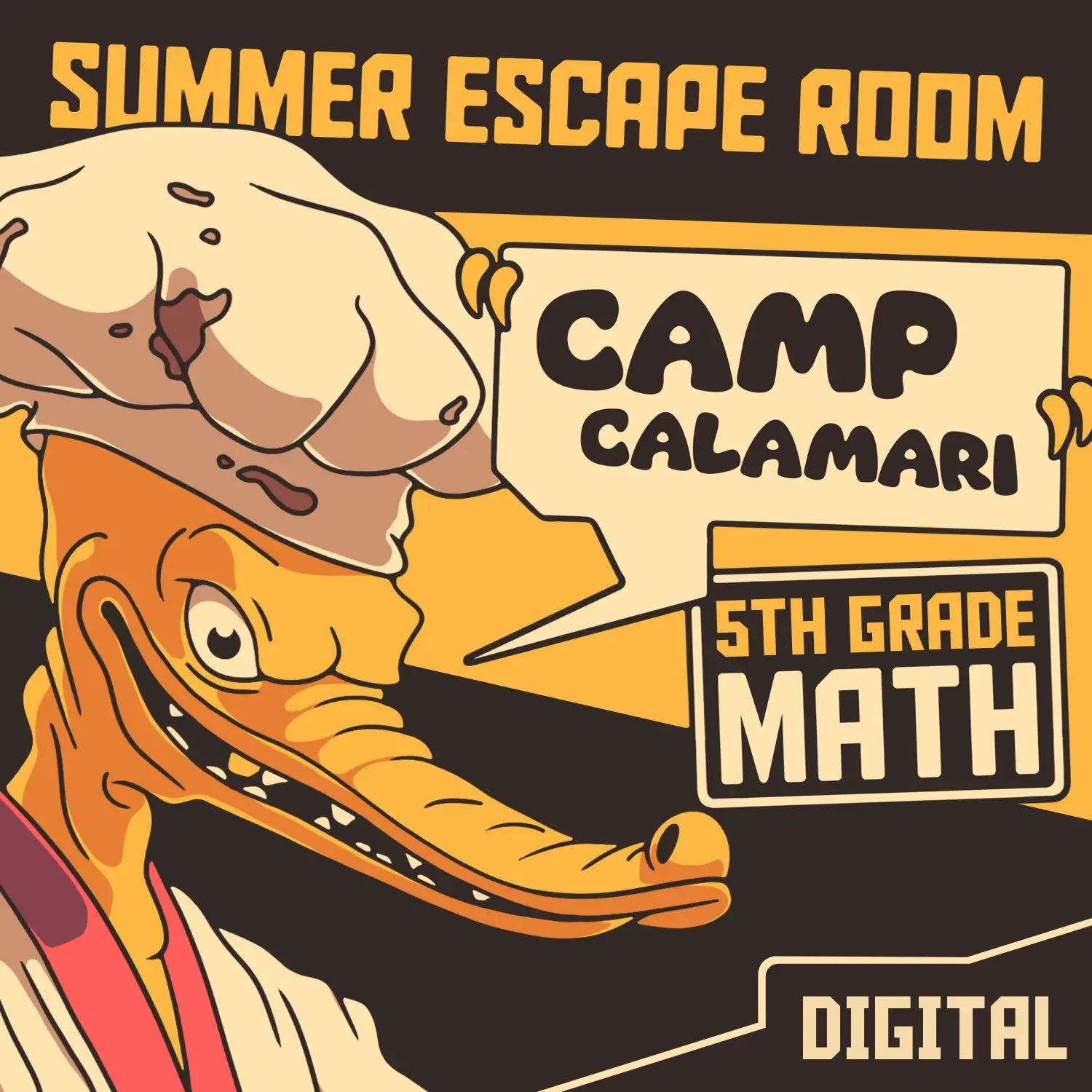 5th grade summer escape room for math test prep, called "Dingo Punks: Camp Calamari."