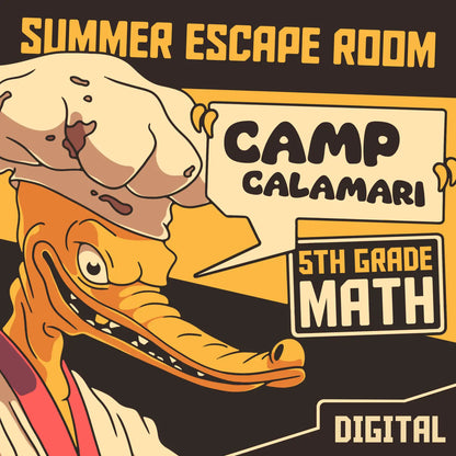 5th grade summer escape room for math test prep, called "Dingo Punks: Camp Calamari."