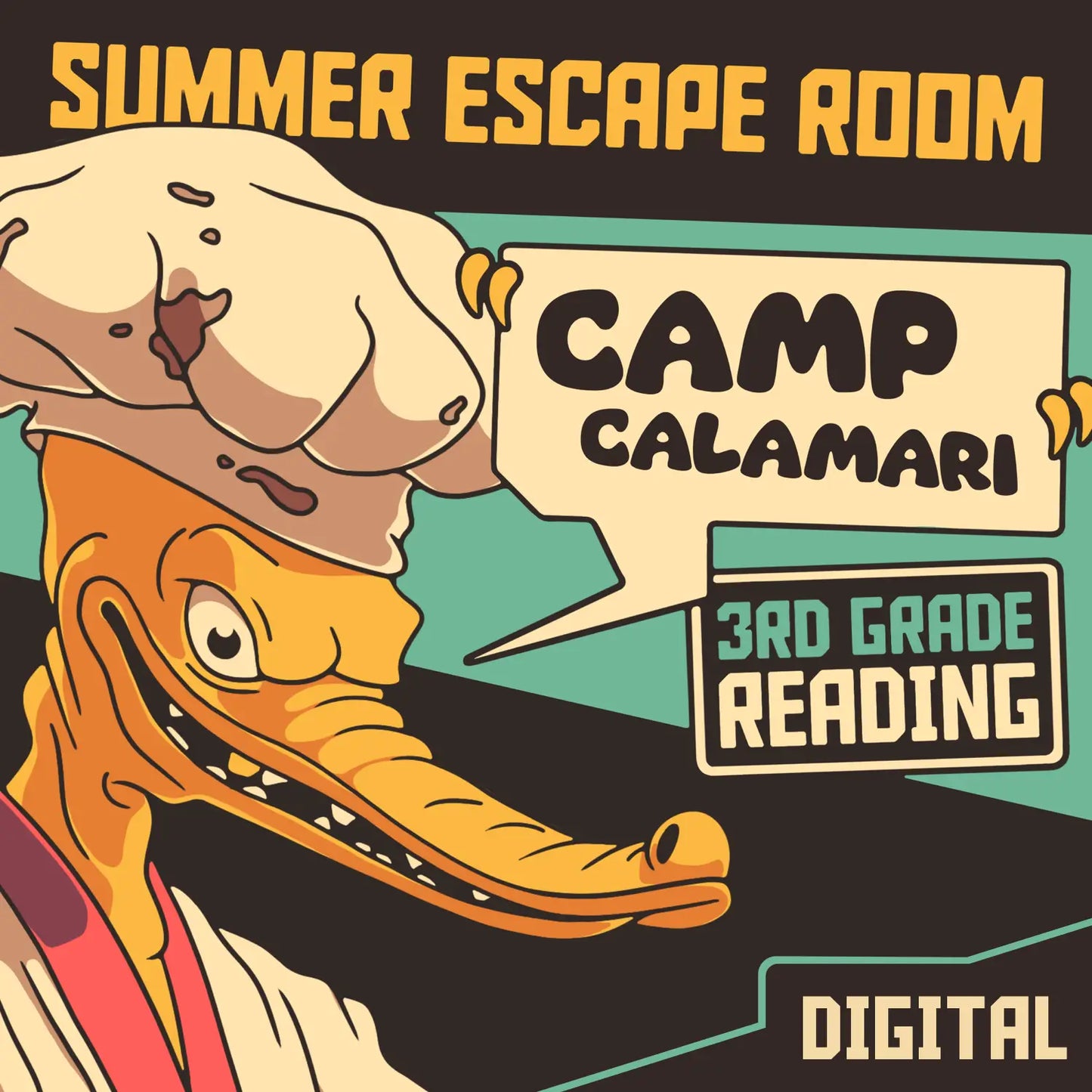 Digital third grade summer escape room for reading comprehension, with the title "Dingo Punks: Camp Calamari."