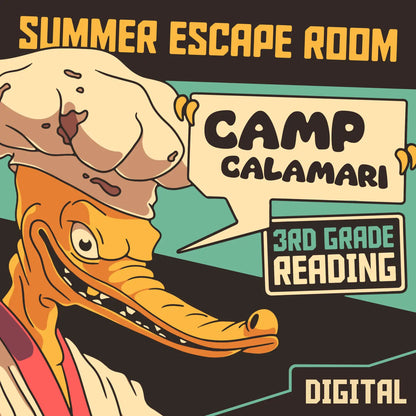 Digital third grade summer escape room for reading comprehension, with the title "Dingo Punks: Camp Calamari."