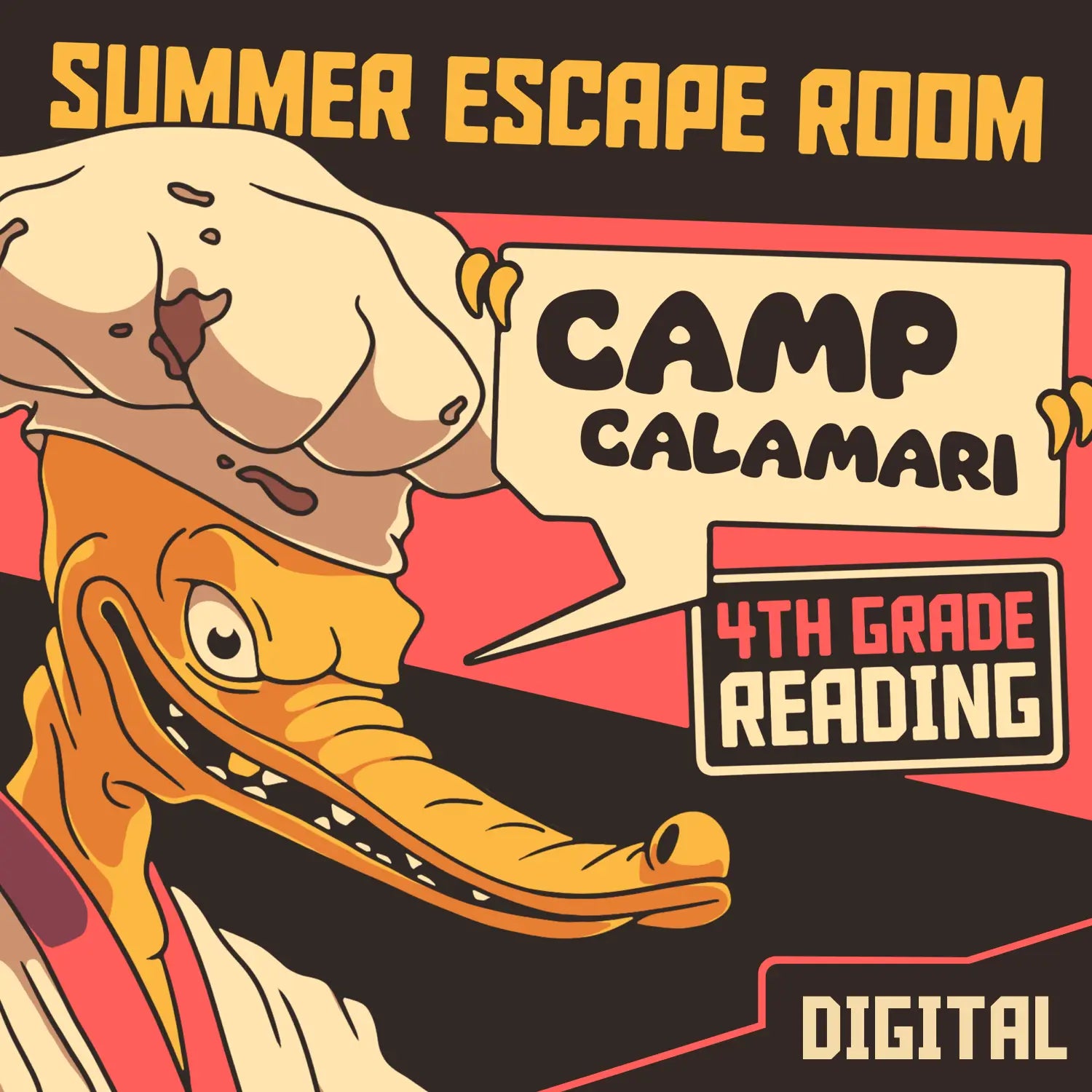 Digital fourth grade summer escape room for reading comprehension, with the title "Dingo Punks: Camp Calamari."