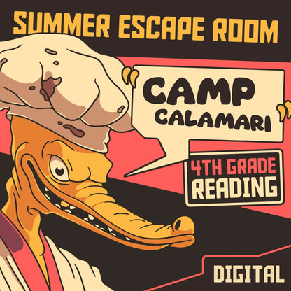 Digital fourth grade summer escape room for reading comprehension, with the title "Dingo Punks: Camp Calamari."