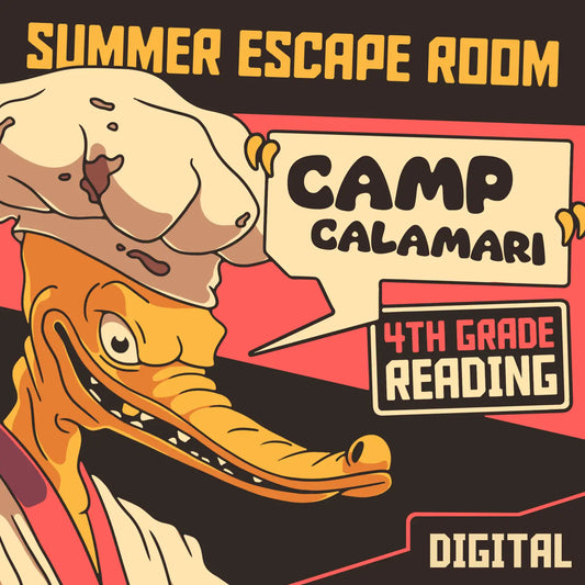 Digital fourth grade summer escape room for reading comprehension, with the title "Dingo Punks: Camp Calamari."