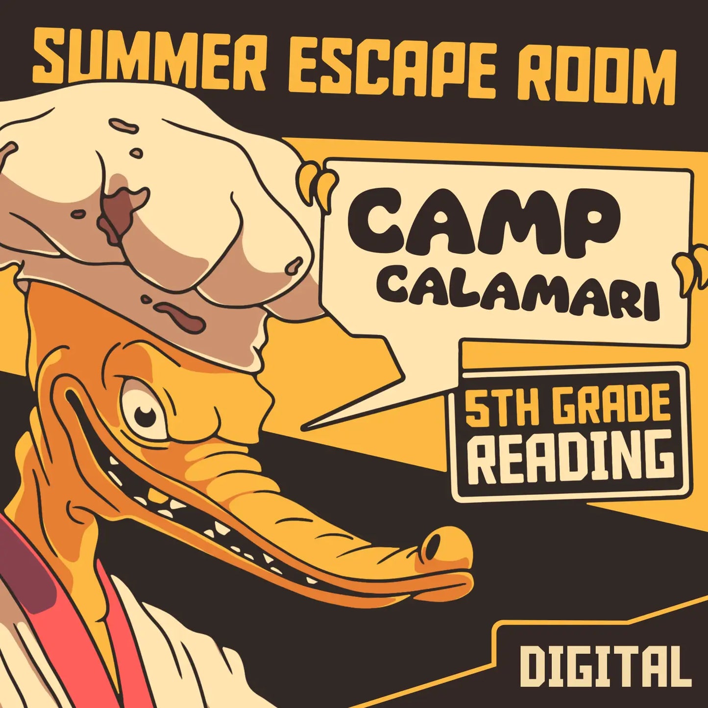 Digital fifth grade summer escape room for reading comprehension, with the title "Dingo Punks: Camp Calamari."