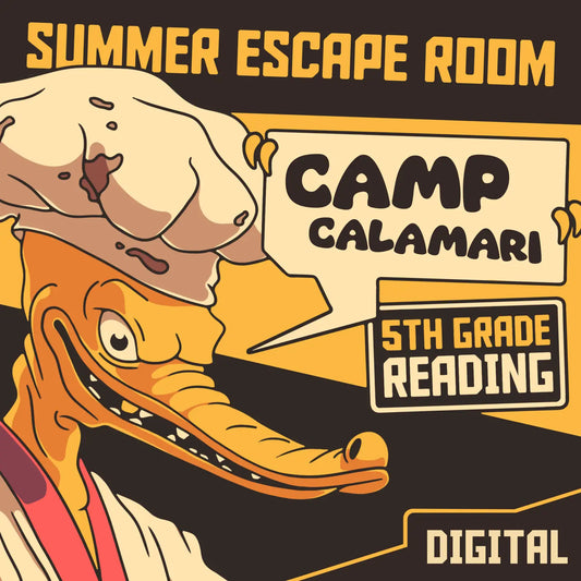 Digital fifth grade summer escape room for reading comprehension, with the title "Dingo Punks: Camp Calamari."