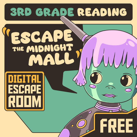 Cover image for the free 3rd grade reading escape room: "Dingo Punks: Escape The Midnight Mall"