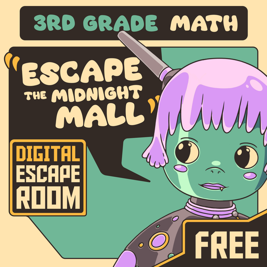 Cover image for the free 3rd grade math escape room: "Dingo Punks: Escape The Midnight Mall"