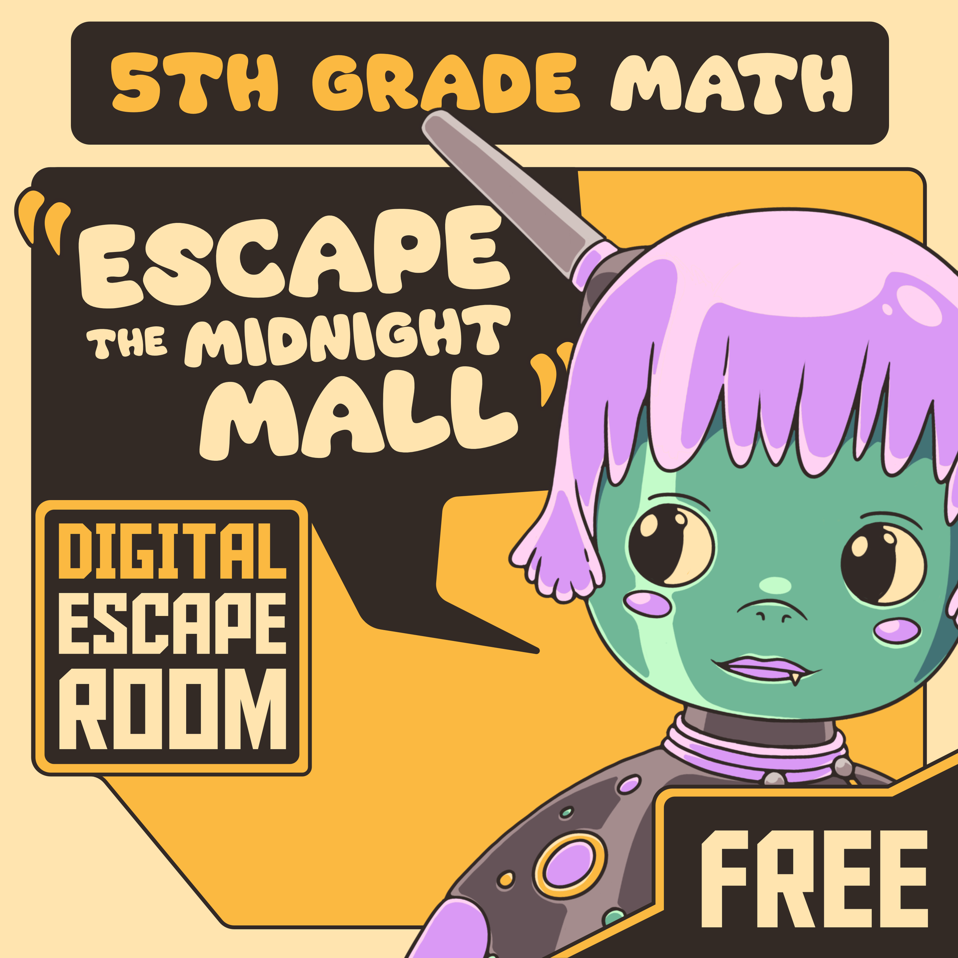 Cover image for the free 5th grade math escape room: "Dingo Punks: Escape The Midnight Mall"