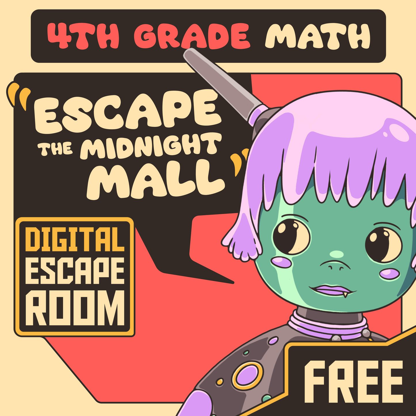 Cover image for the free 4th grade math escape room: "Dingo Punks: Escape The Midnight Mall"