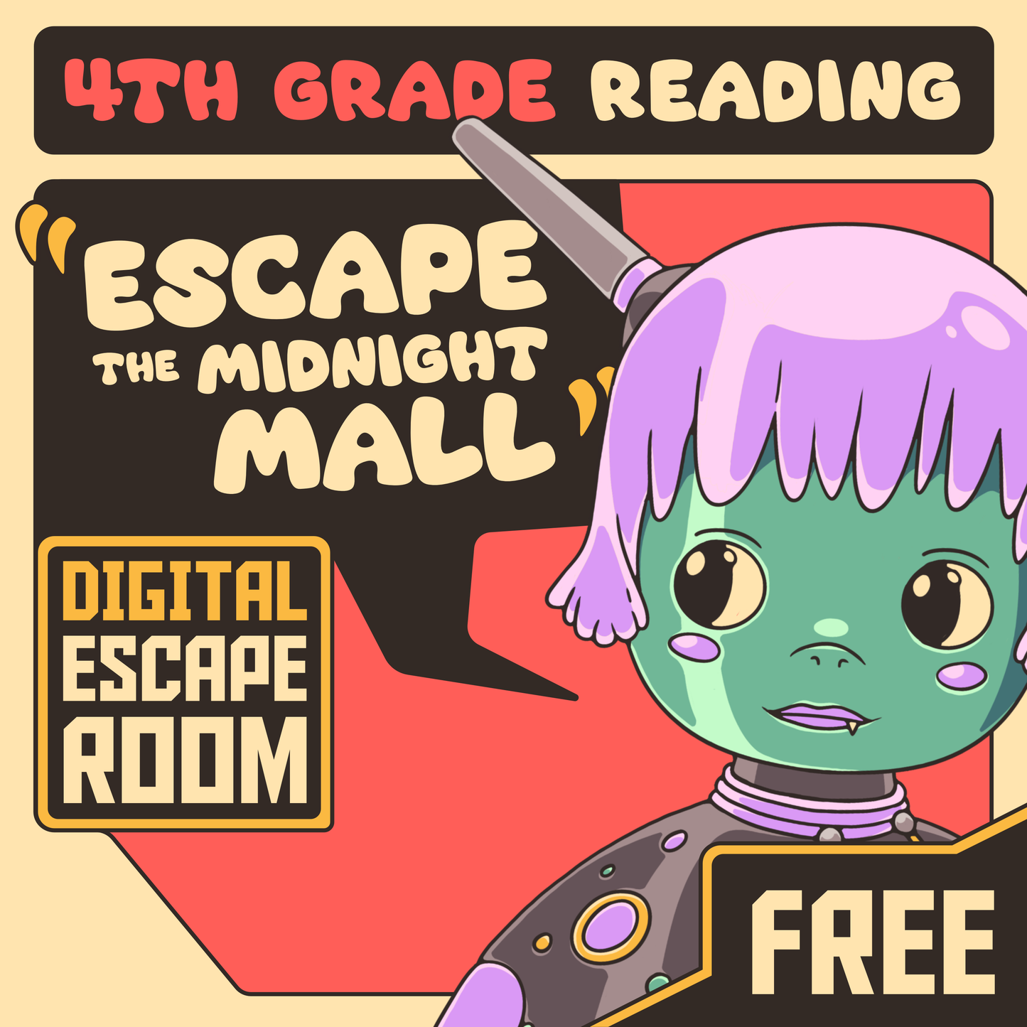 Cover image for the free 4th grade reading escape room: "Dingo Punks: Escape The Midnight Mall"