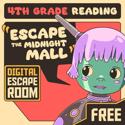 Cover image for the free 4th grade reading escape room: "Dingo Punks: Escape The Midnight Mall"