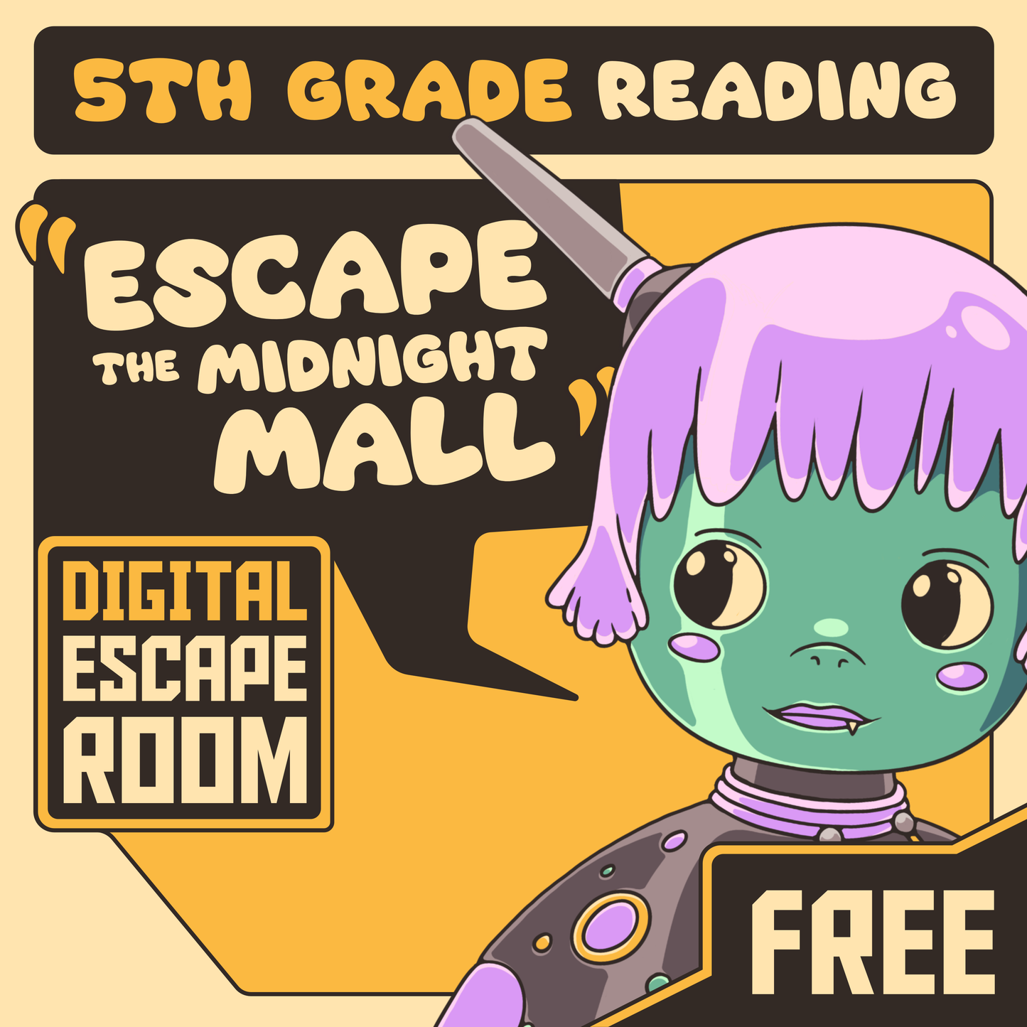 Cover image for the free 5th grade reading escape room: "Dingo Punks: Escape The Midnight Mall"