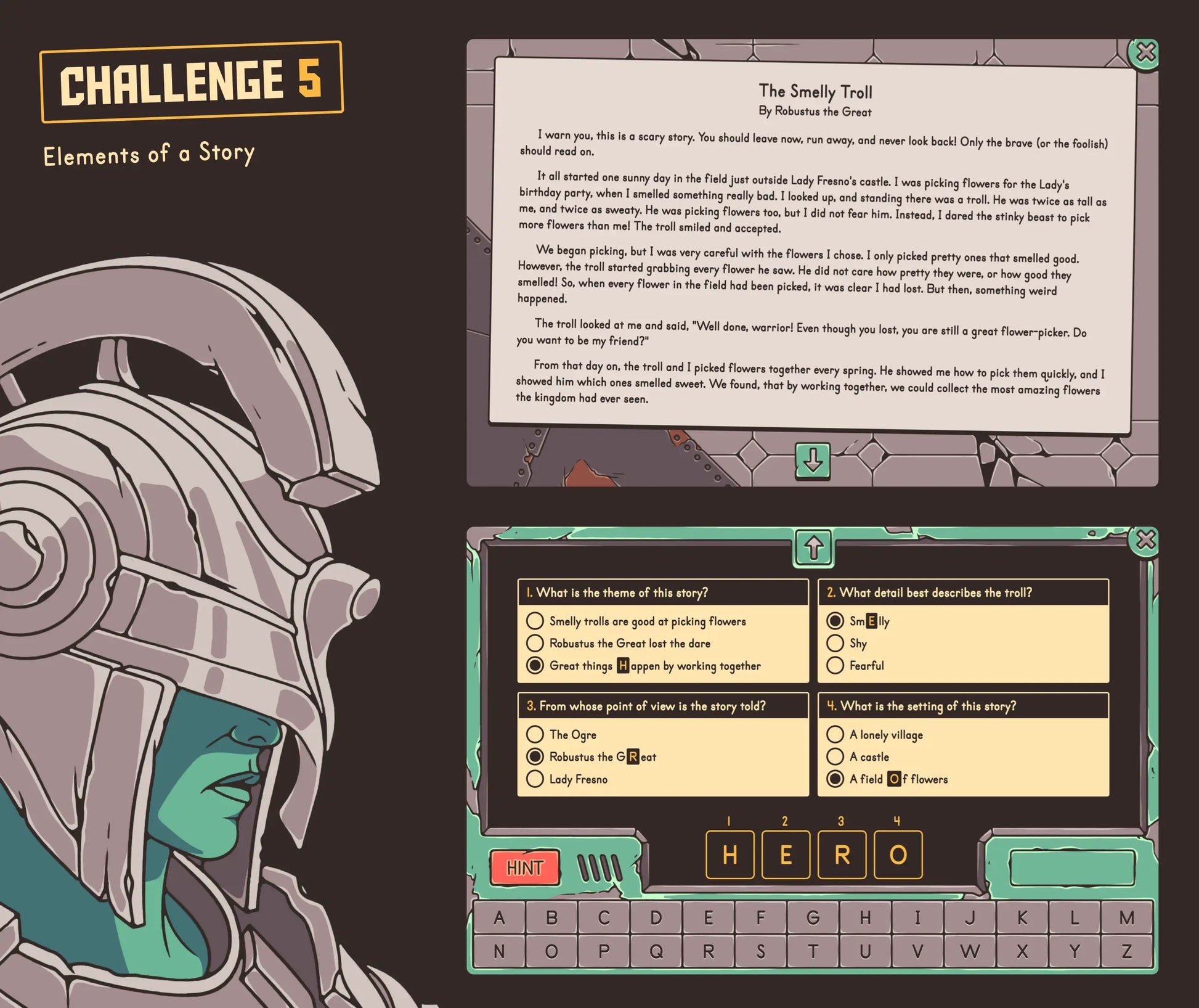 Digital elements of a story activity with a multiple-choice section.