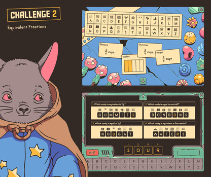 Digital equivalent fractions game with a cryptogram answer section.