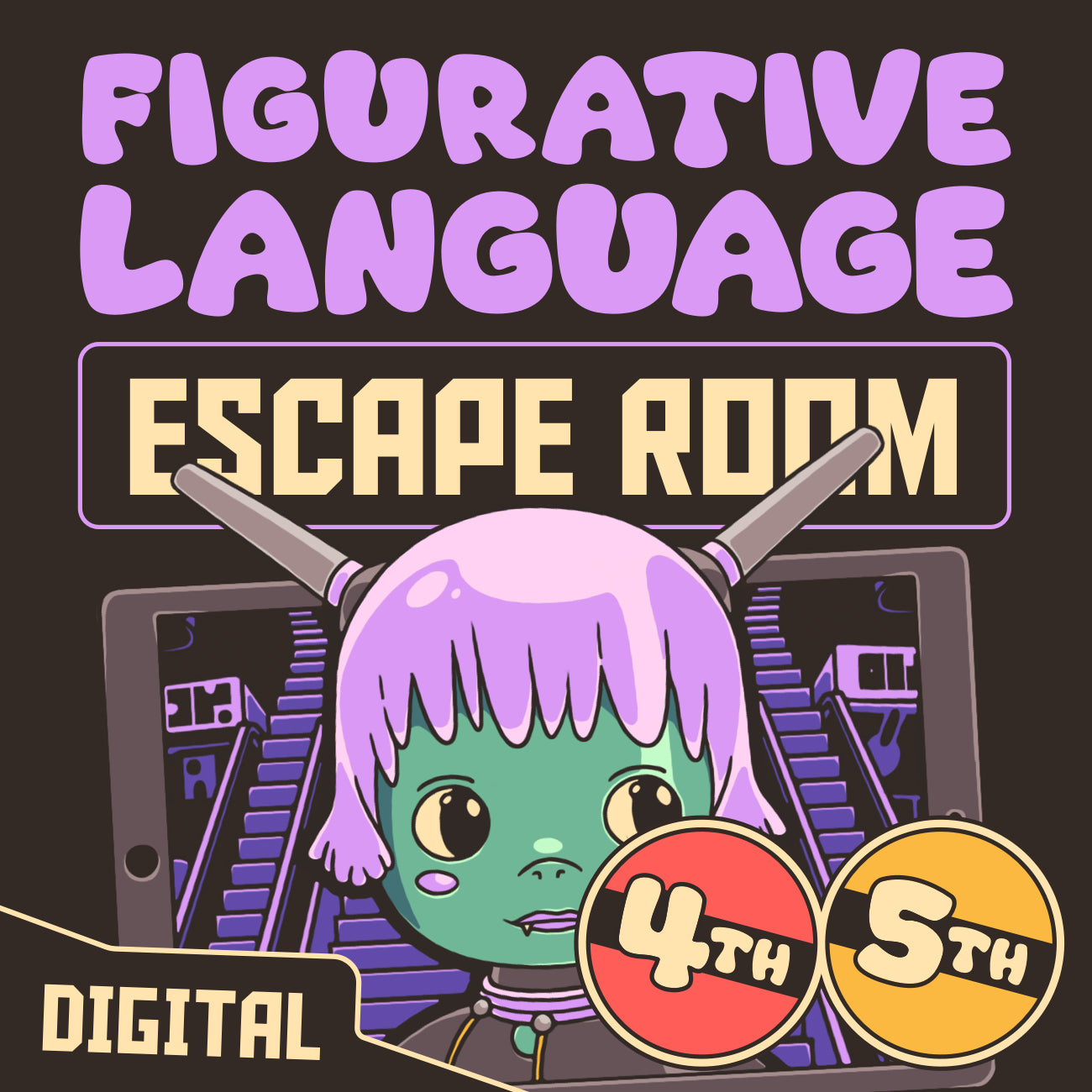 Cover image for a virtual figurative language escape room labeled for 4th and 5th grade classrooms.