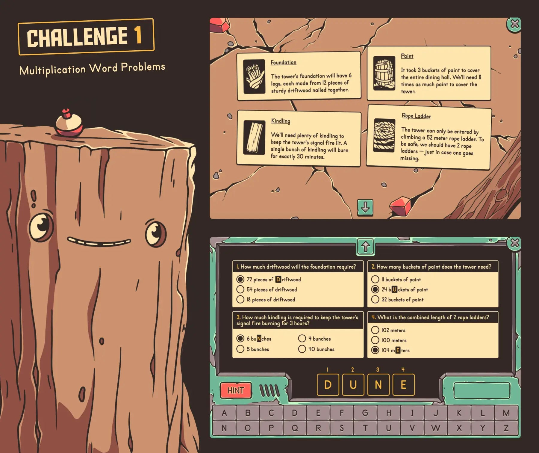 Virtual summer multiplication word problems review activity for 4th grade, with a multiple-choice quiz.