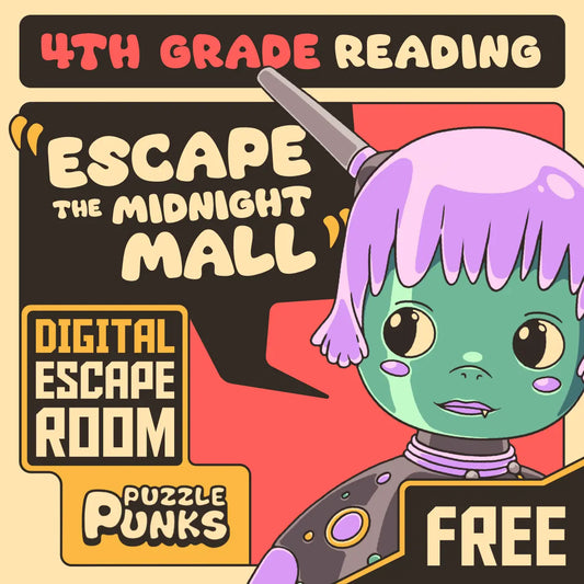 Cover image for the free 4th grade reading escape room: "Puzzle Punks: Escape The Midnight Mall"