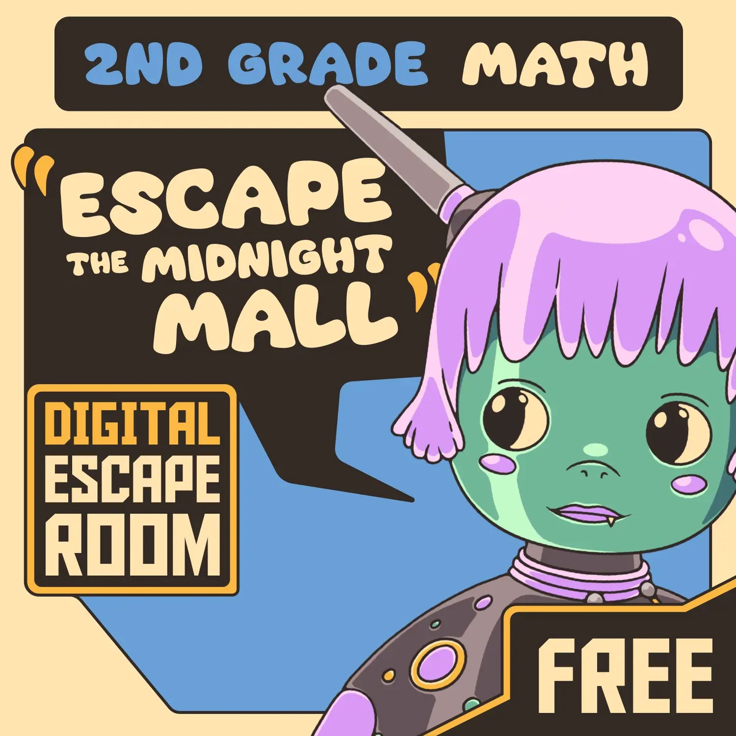 Free digital 2nd grade math escape room, with the title "Dingo Punks: Escape the Midnight Mall."