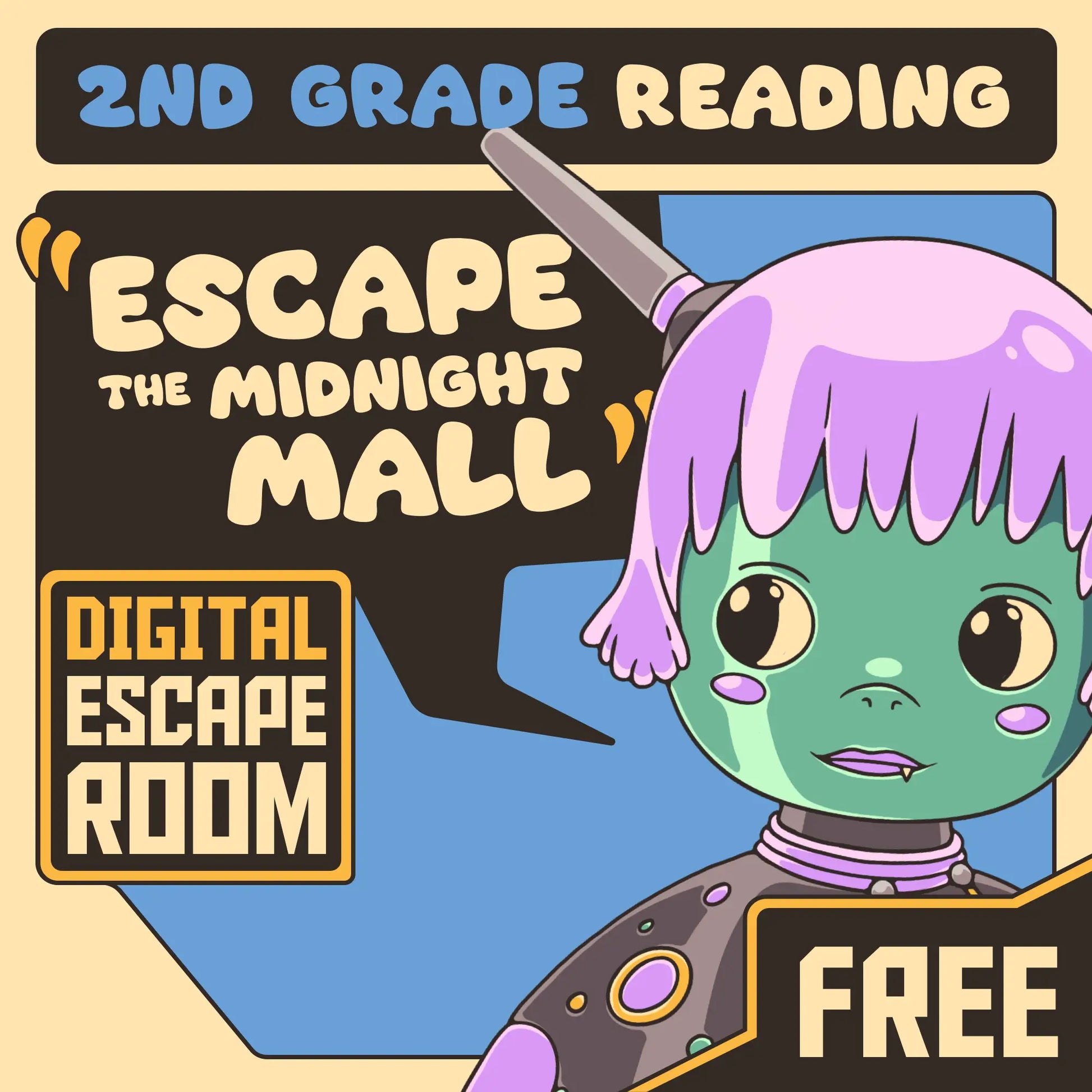 Free digital 2nd grade reading comprehension escape room, with the title "Dingo Punks: Escape the Midnight Mall."