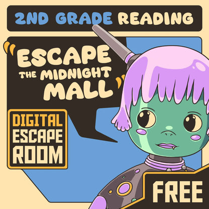 Free digital 2nd grade reading comprehension escape room, with the title "Dingo Punks: Escape the Midnight Mall."