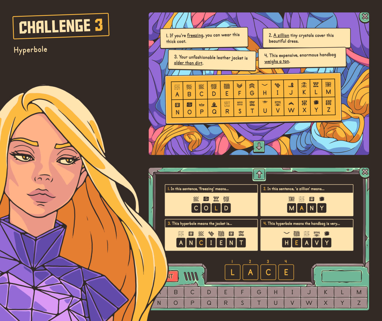 Virtual hyperbole challenge with short reading passages and a cryptogram section.