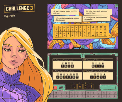 Virtual hyperbole challenge with short reading passages and a cryptogram section.