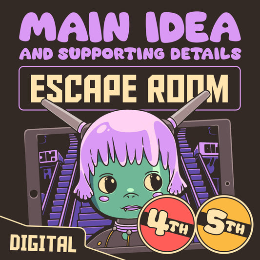 Cover image for a digital main idea and supporting details escape room labeled for 4th and 5th grade classrooms.
