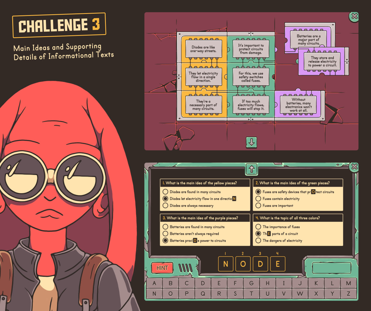 Digital central idea and key details of informational text activity, with a puzzle and multiple-choice answers.
