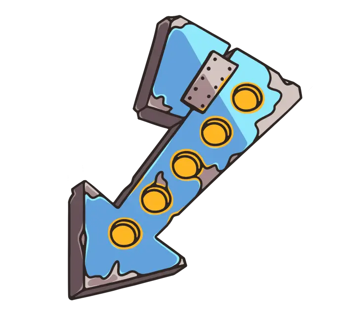 Rusty mechanical arrow, with glowing lightbulbs, pointing downwards towards a group of breakout games.