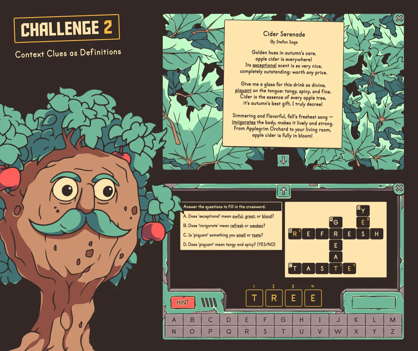 Online context clues as definitions game with a poem, crossword puzzle, and an autumn theme.
