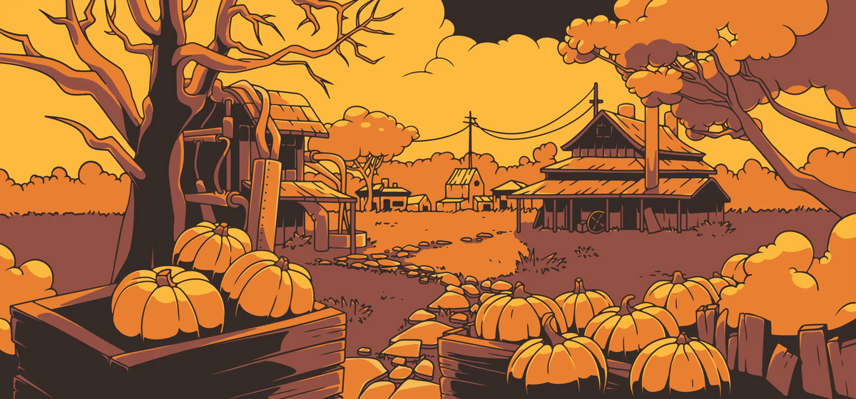 A pumpkin patch at sunset, complete with a farm house and mysterious factory; the establishing shot for a set of educational autumn escape rooms called "The Hasty Harvest."