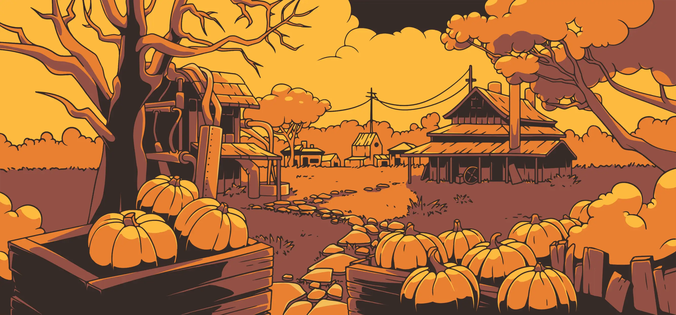 A pumpkin patch at sunset, complete with a farm house and mysterious factory; the establishing shot for a set of educational autumn escape rooms called "The Hasty Harvest."
