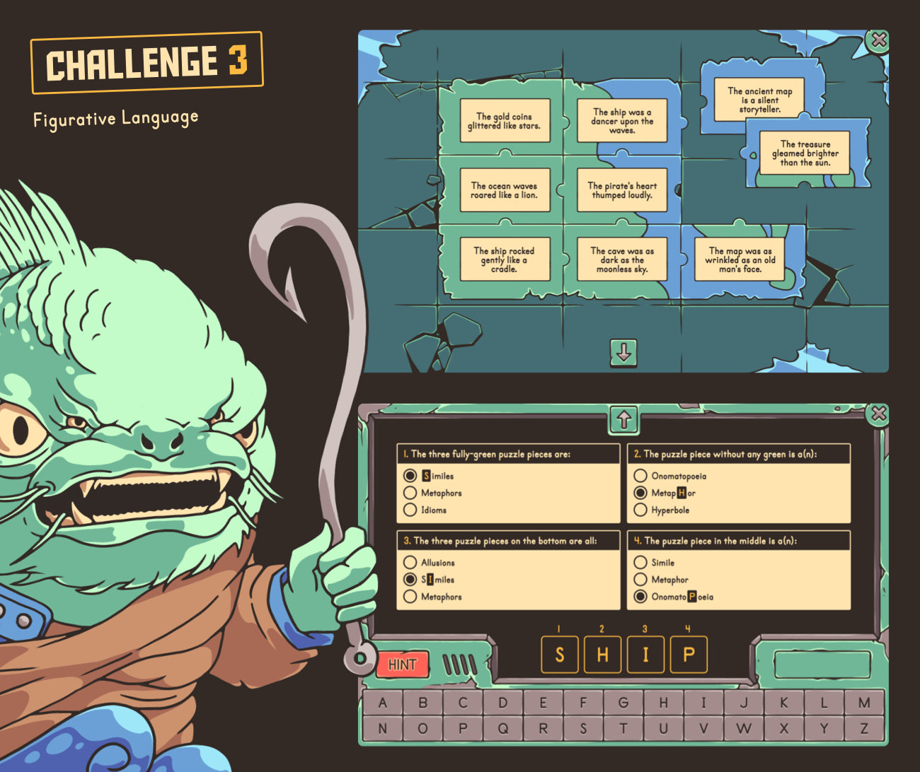 Digital figurative language game with a winter aesthetic and multiple-choice section.