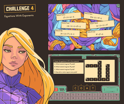 Digital equations with exponents game with a crossword puzzle section.