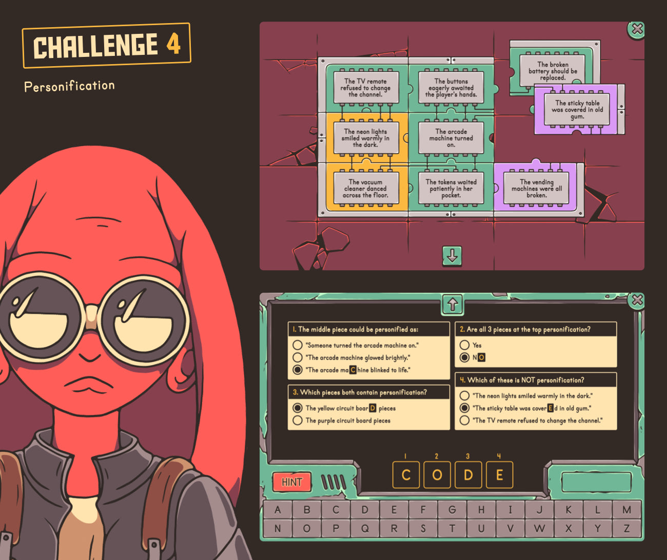 Digital personification game with a puzzle and multiple-choice questions.