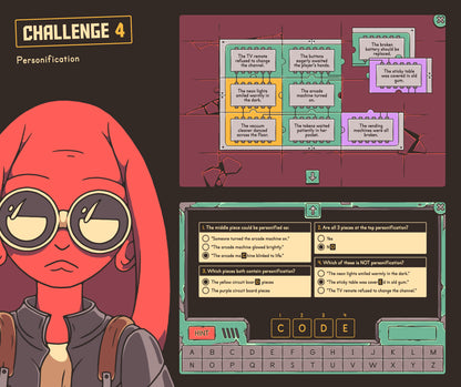 Digital personification game with a puzzle and multiple-choice questions.