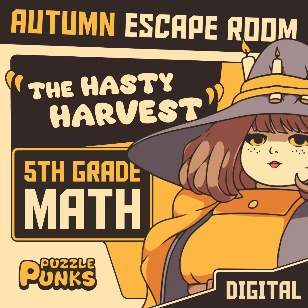 Cover image for a digital fall escape room for 5th grade math, titled "Puzzle Punks: The Hasty Harvest."