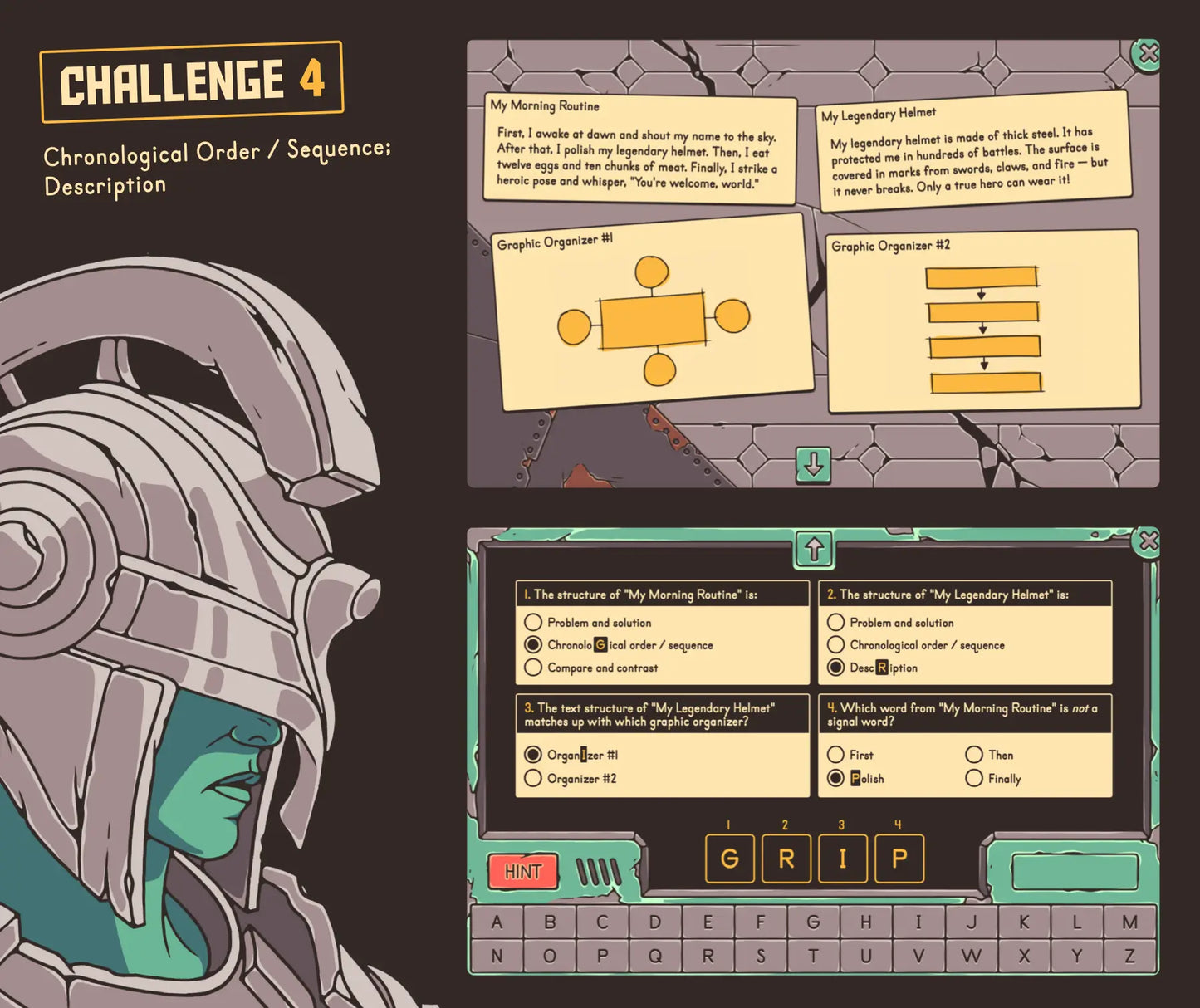 Online text structures test prep game covering chronological order, sequence, and description passages — with a multiple choice quiz section.