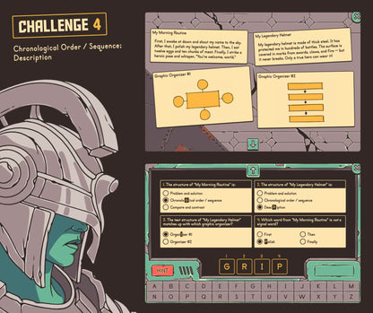Online text structures test prep game covering chronological order, sequence, and description passages — with a multiple choice quiz section.