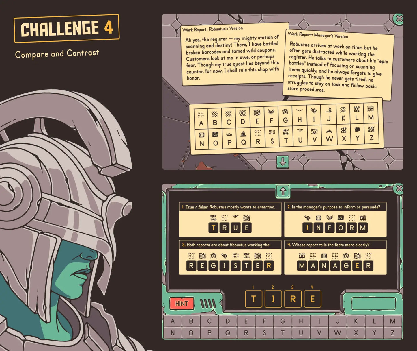 Online author's purpose test prep game covering comparing and contrasting passages, with a secret code puzzle section.