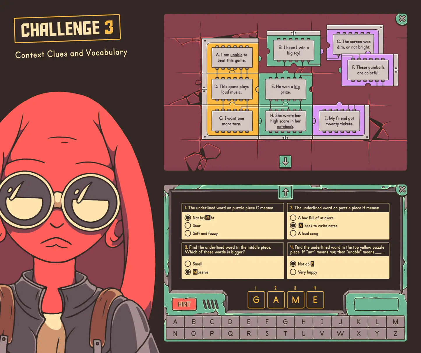 Free educational game for 2nd grade context clues and vocabulary, with a puzzle and multiple-choice quiz.