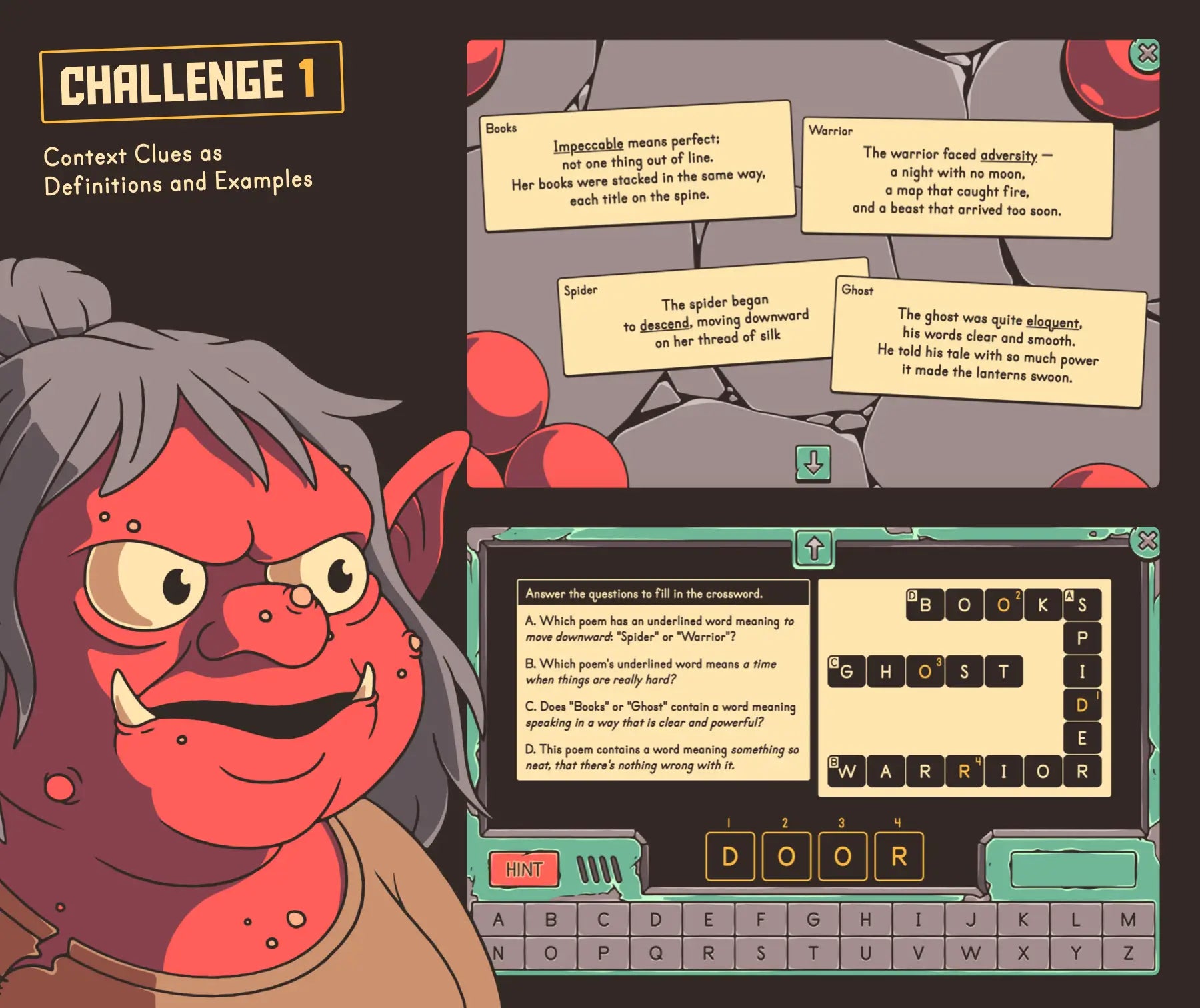 Digital context clues as definitions and examples review game for 4th and 5th grade classrooms.