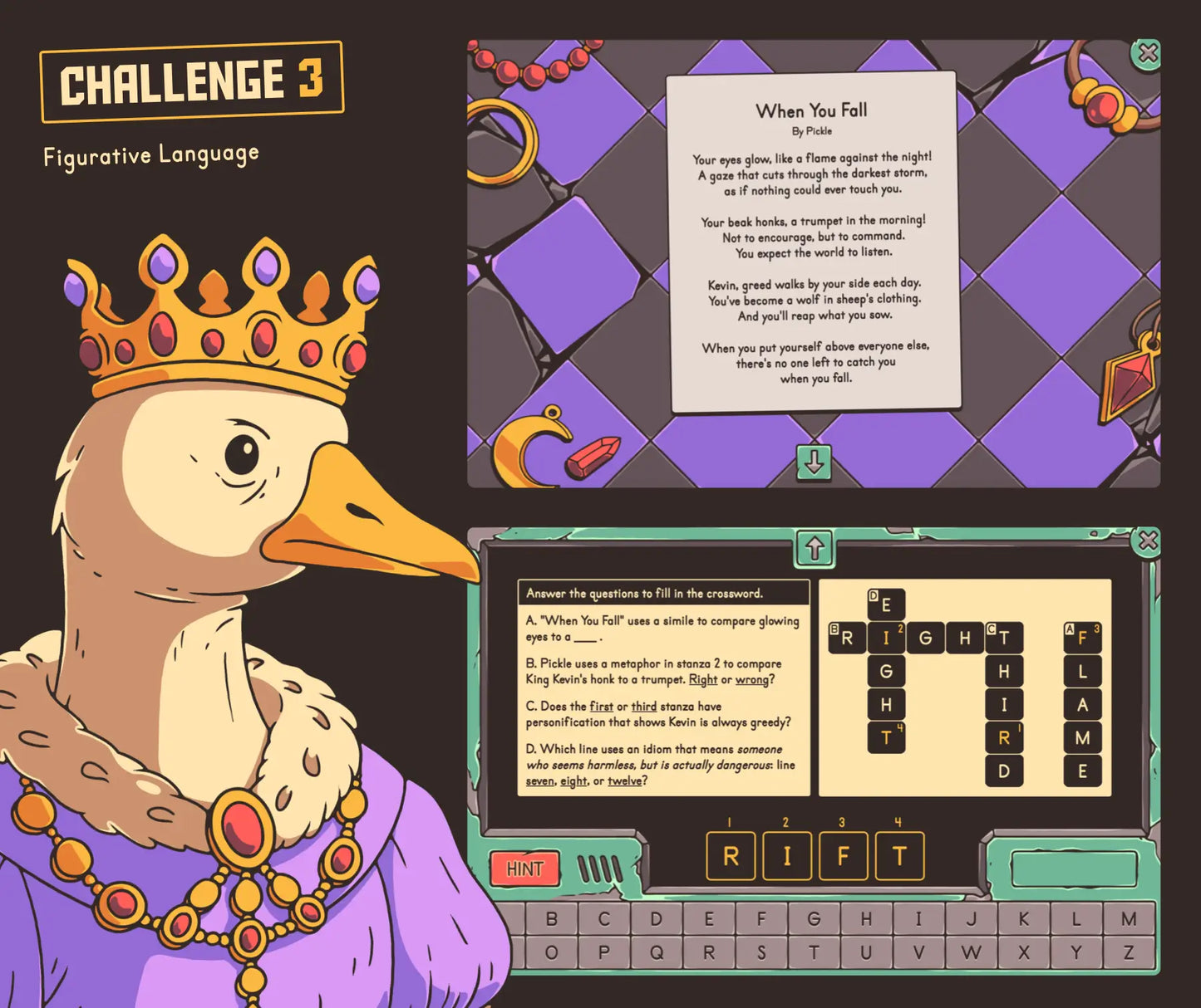 Online 4th and 5th grade figurative language in poetry review activity with a free-verse poem and crossword puzzle.