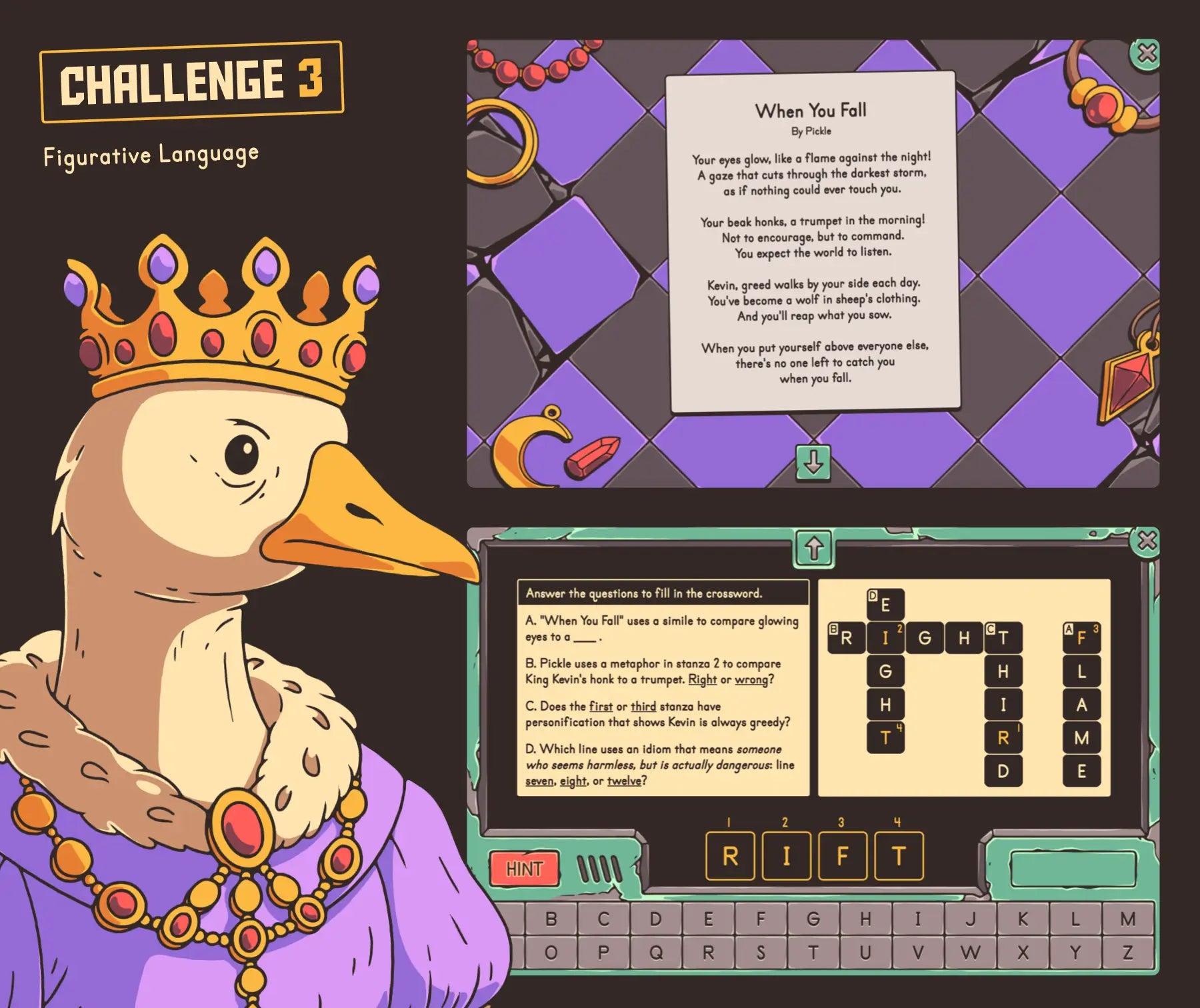 Online 4th and 5th grade figurative language in poetry review activity with a free-verse poem and crossword puzzle.