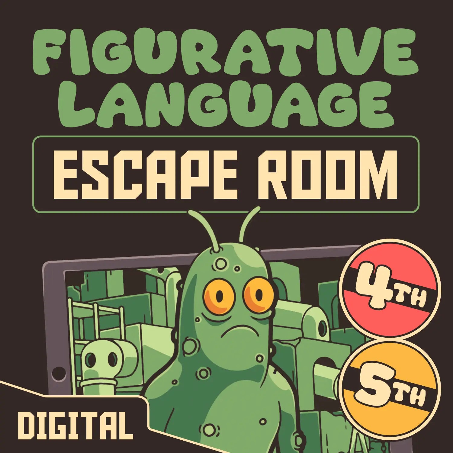 Virtual figurative language escape room for 4th and 5th grade, titled "Puzzle Punks: Escape From Pickle's Playground."