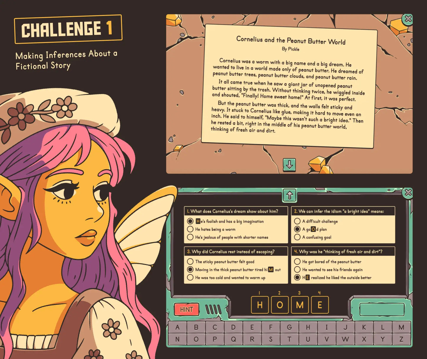 Online making inferences about a fictional story escape room activity with a short story and multiple-choice quiz.