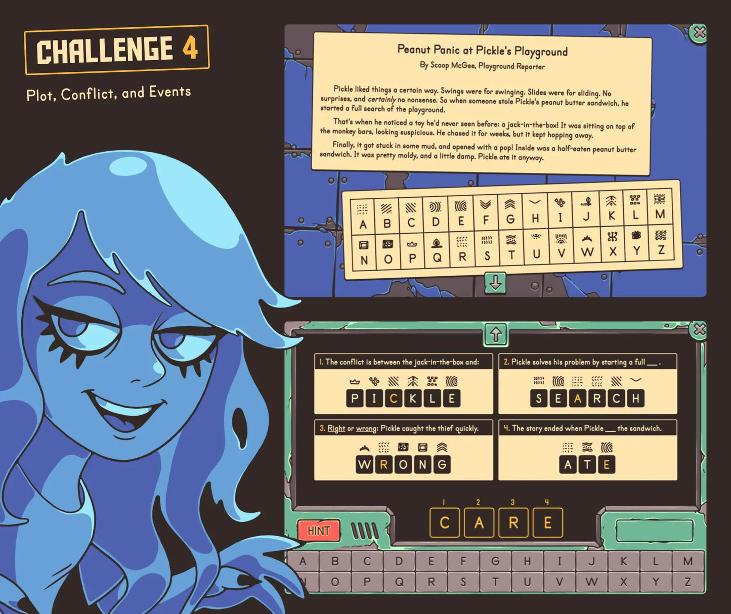 Virtual plot, conflict, and events game for 4th and 5th grade reading comprehension review.