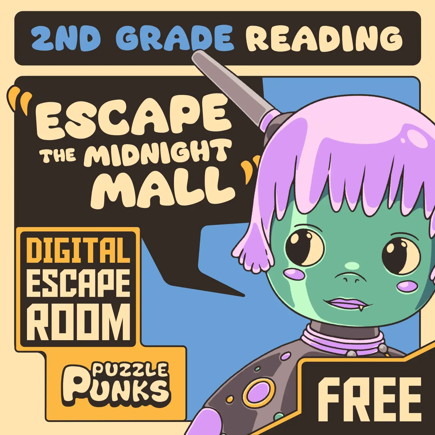 Free digital 2nd grade reading comprehension escape room, with the title "Puzzle Punks: Escape the Midnight Mall."